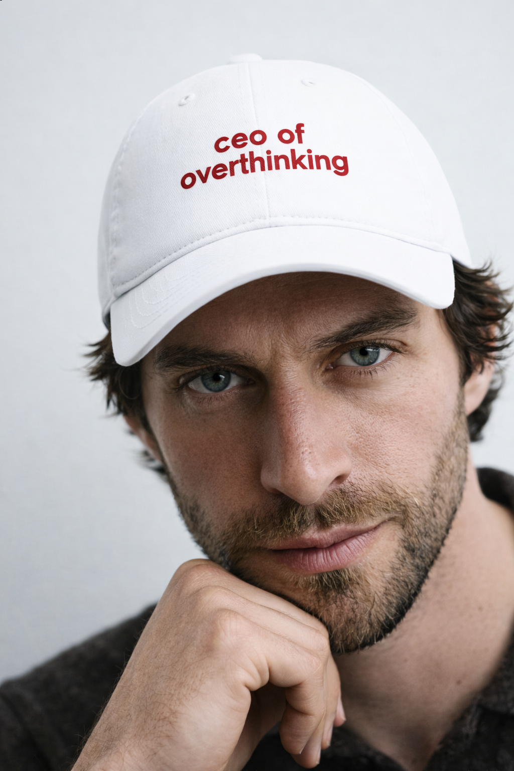 OVERTHINKING EMBROIDERY WHITE BASEBALL CAP